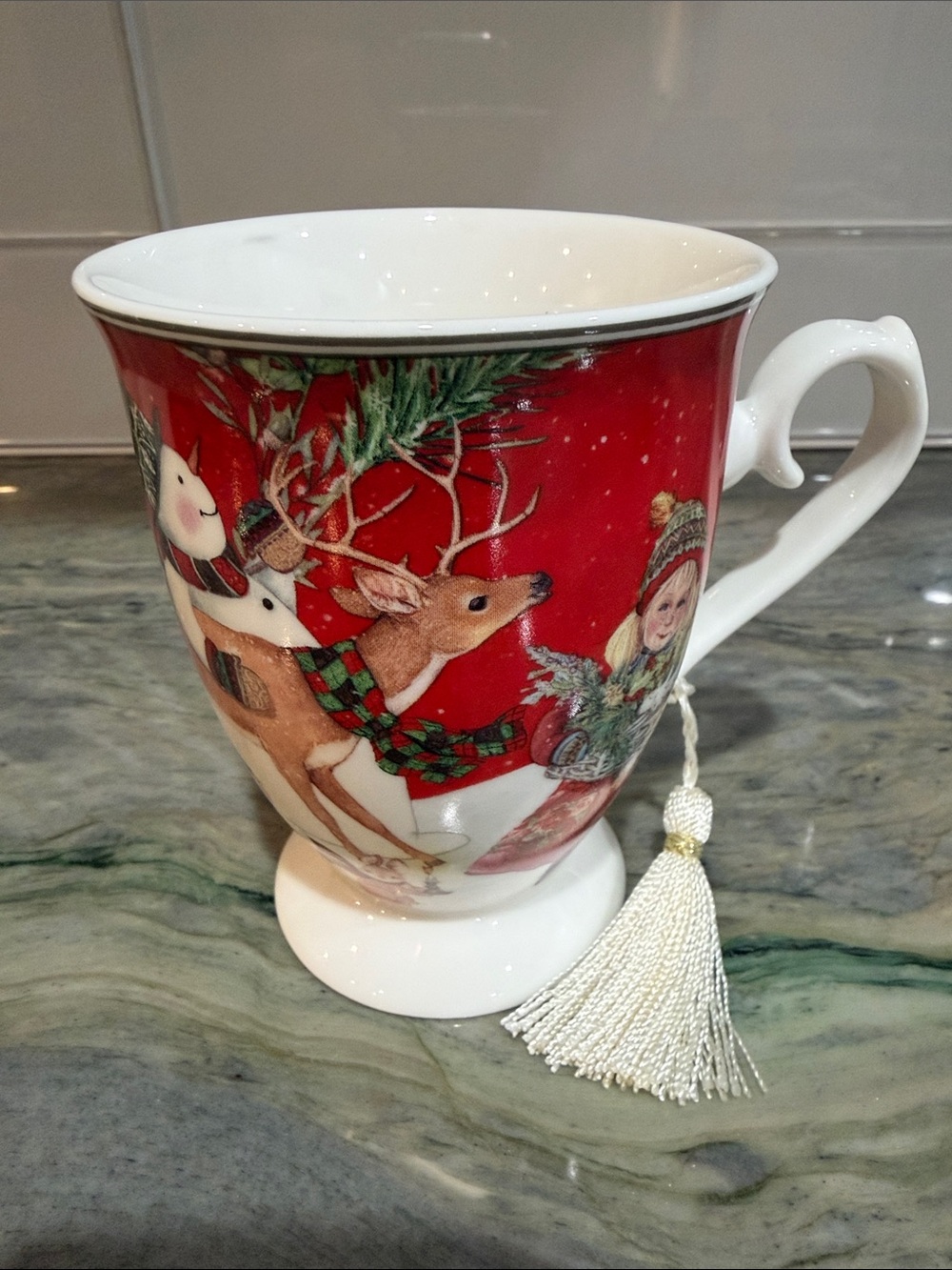 Holiday Red Ceramic Pedestal Mug with Tassel Accent